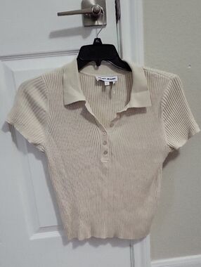 Dkny Cream Ribbed Knit Polo Short Sleeve Top